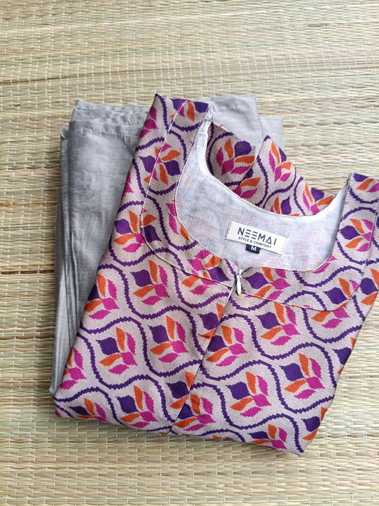 Cotton / Raw silk Maternity Maxi/Gown in center zip - Festival Collection- Full cotton lining - Kolam design with silver