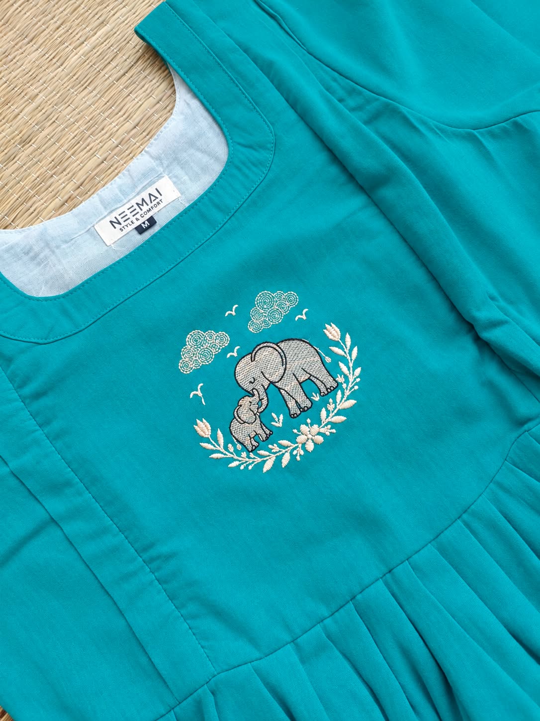 Muslin Cotton Maternity Feeding Dress – Sky blue| Double Side Nursing Zip( elephant embroidery Design)
