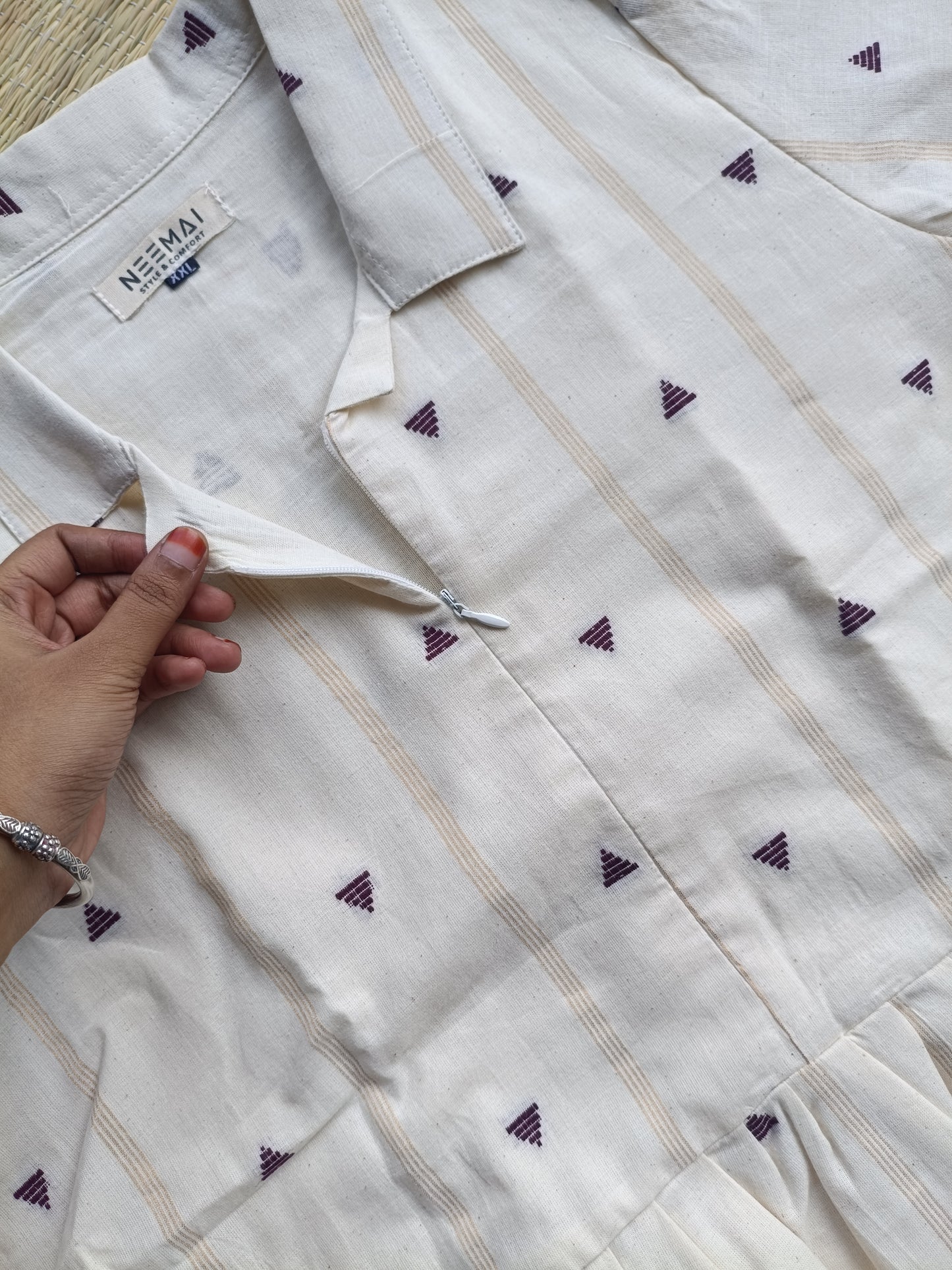 Onam special Maternity maxi / gown-Center zip- White and Purple butta