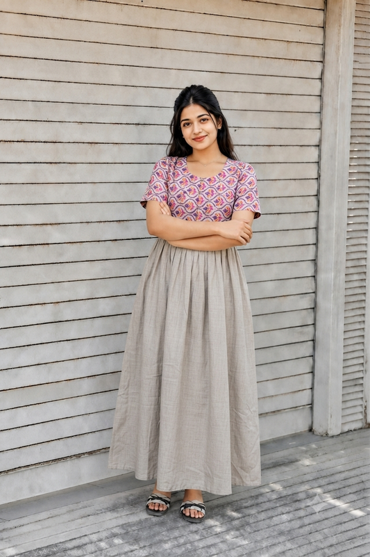 Cotton / Raw silk Maternity Maxi/Gown in center zip - Festival Collection- Full cotton lining - Kolam design with silver