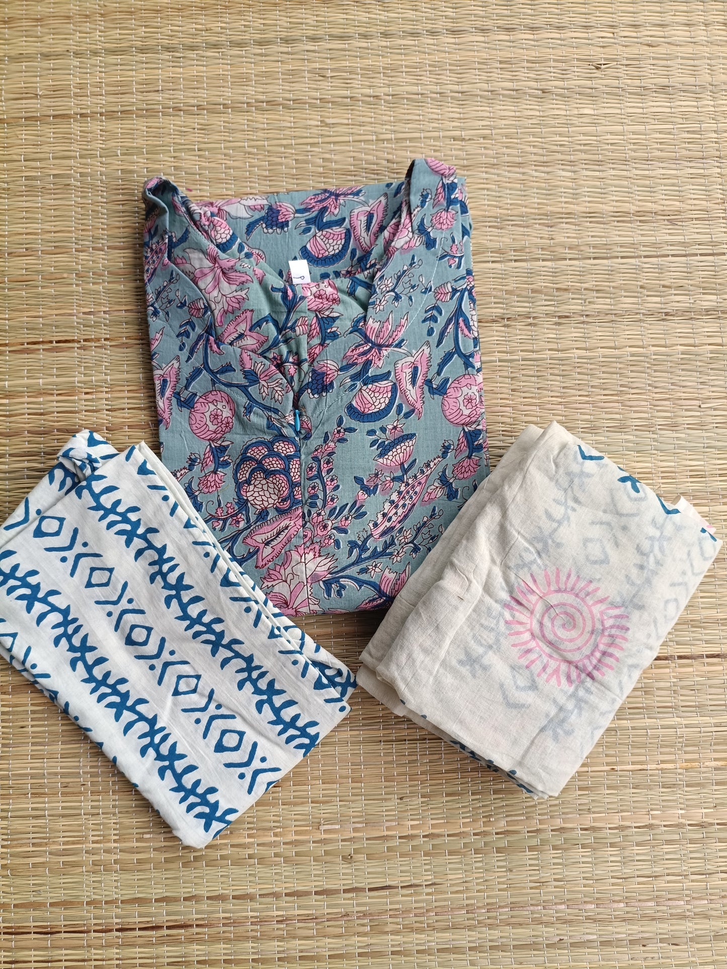 Premium soft Cotton Maternity 3 pc chudidhar set [ Top with center zip, pant and dupatta ] -A line Top - ( No side open) Blue