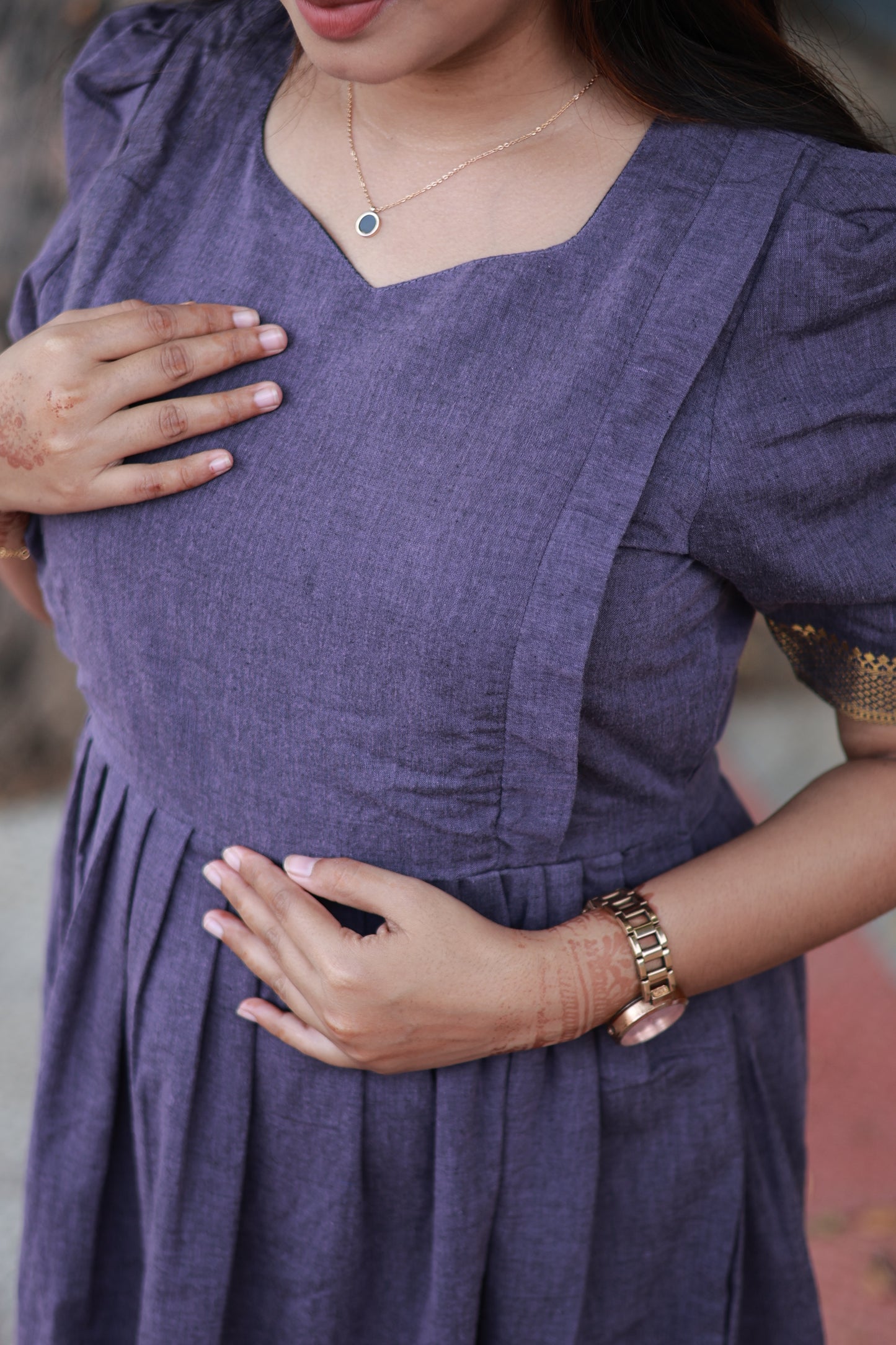 Chettinad Cotton -2 pc set -Maternity Maxi/Gown - Festival Collection -Full cotton lining- Double side zip with dupatta- Purple