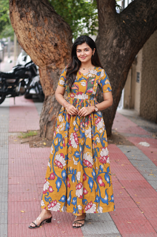 Kalamkari Cotton Maternity Feeding Gown/ Maxi /Double Side Zip- yellow big lotus
