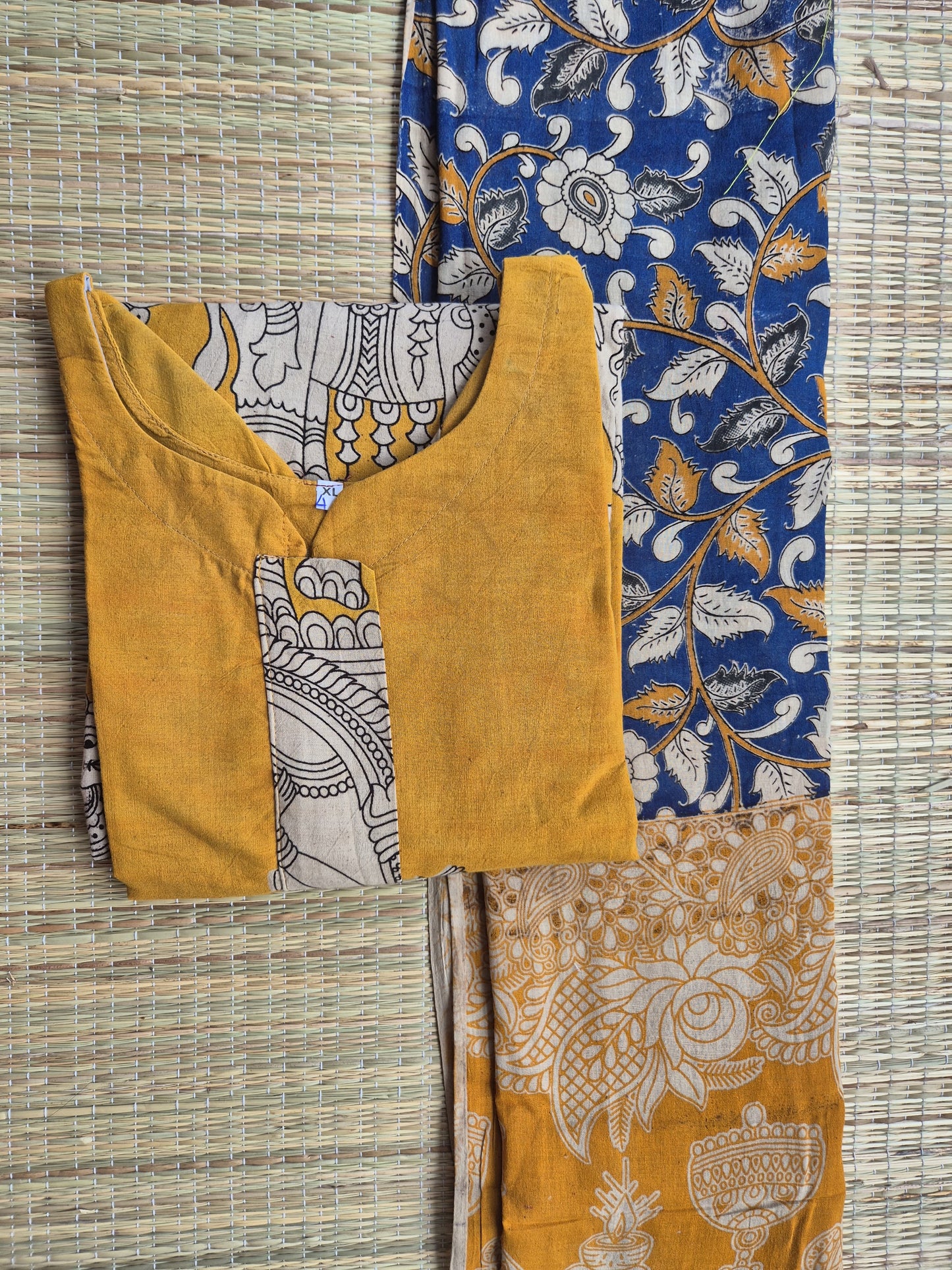 Block printed kalamkari cotton Maternity 2 pc chudidhar set [ Top with center side zip, and dupatta -  Yellow
