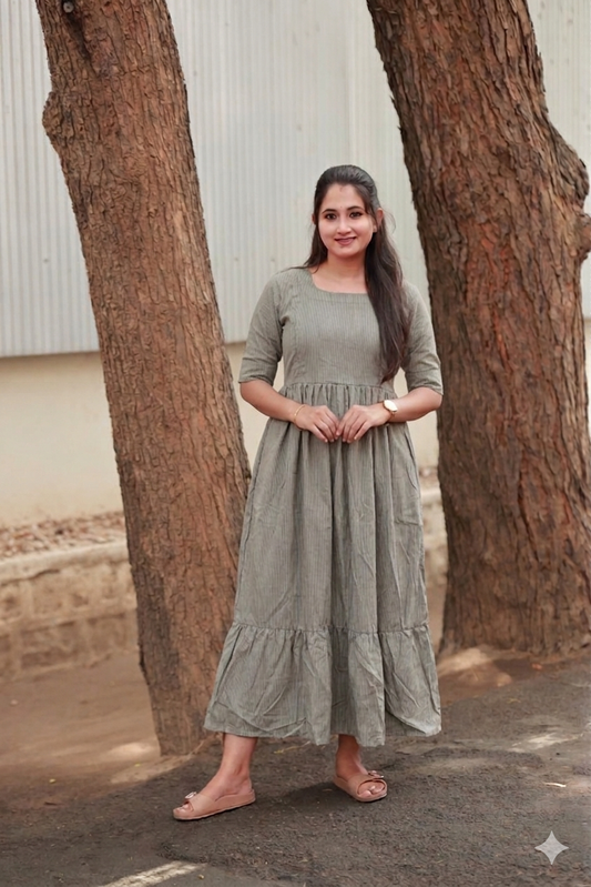 Cotton - Feeding/ Maternity Maxi/Gown - Cotton lining /Double side zip - Gery Stripe