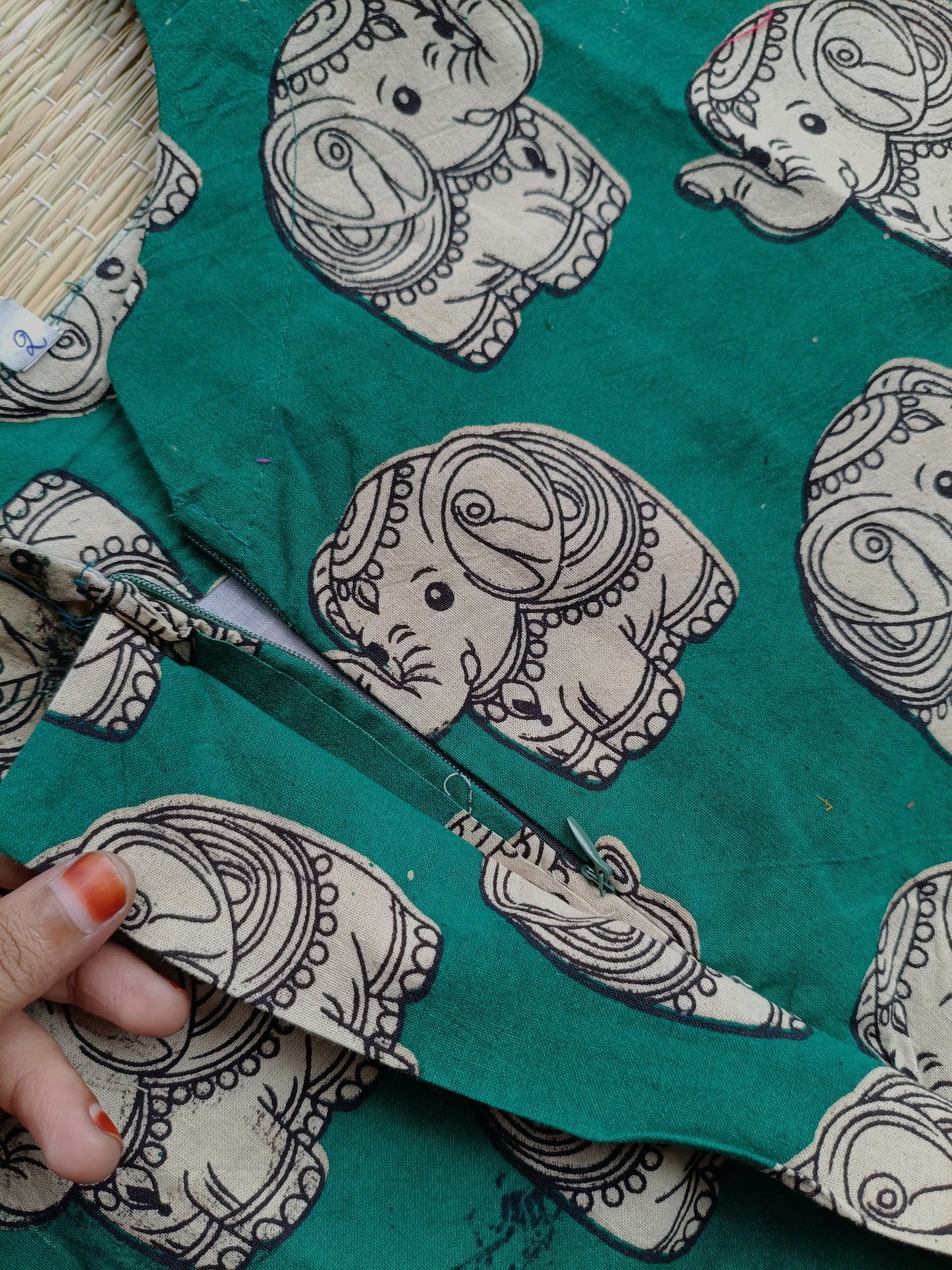 Block printed kalamkari cotton Maternity 2 pc chudidhar set [ Top with center side zip, and dupatta - Green mini elephant