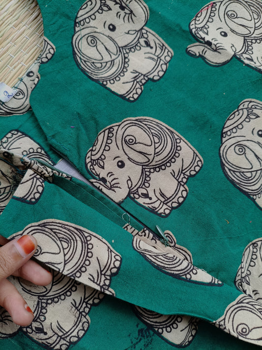 Block printed kalamkari cotton Maternity 2 pc chudidhar set [ Top with center side zip, and dupatta - Green mini elephant