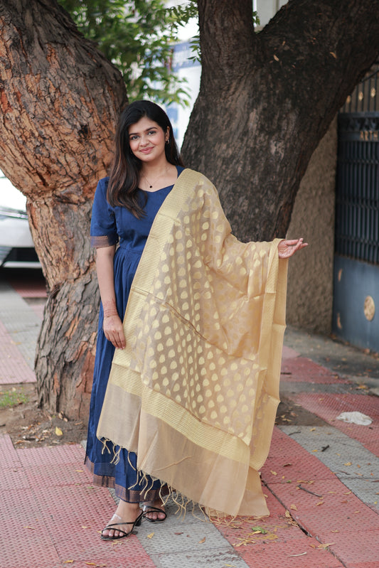 Chettinad Cotton -2 pc set -Maternity Maxi/Gown - Festival Collection -Full cotton lining- Double side zip with dupatta- Navy blue And Sandal