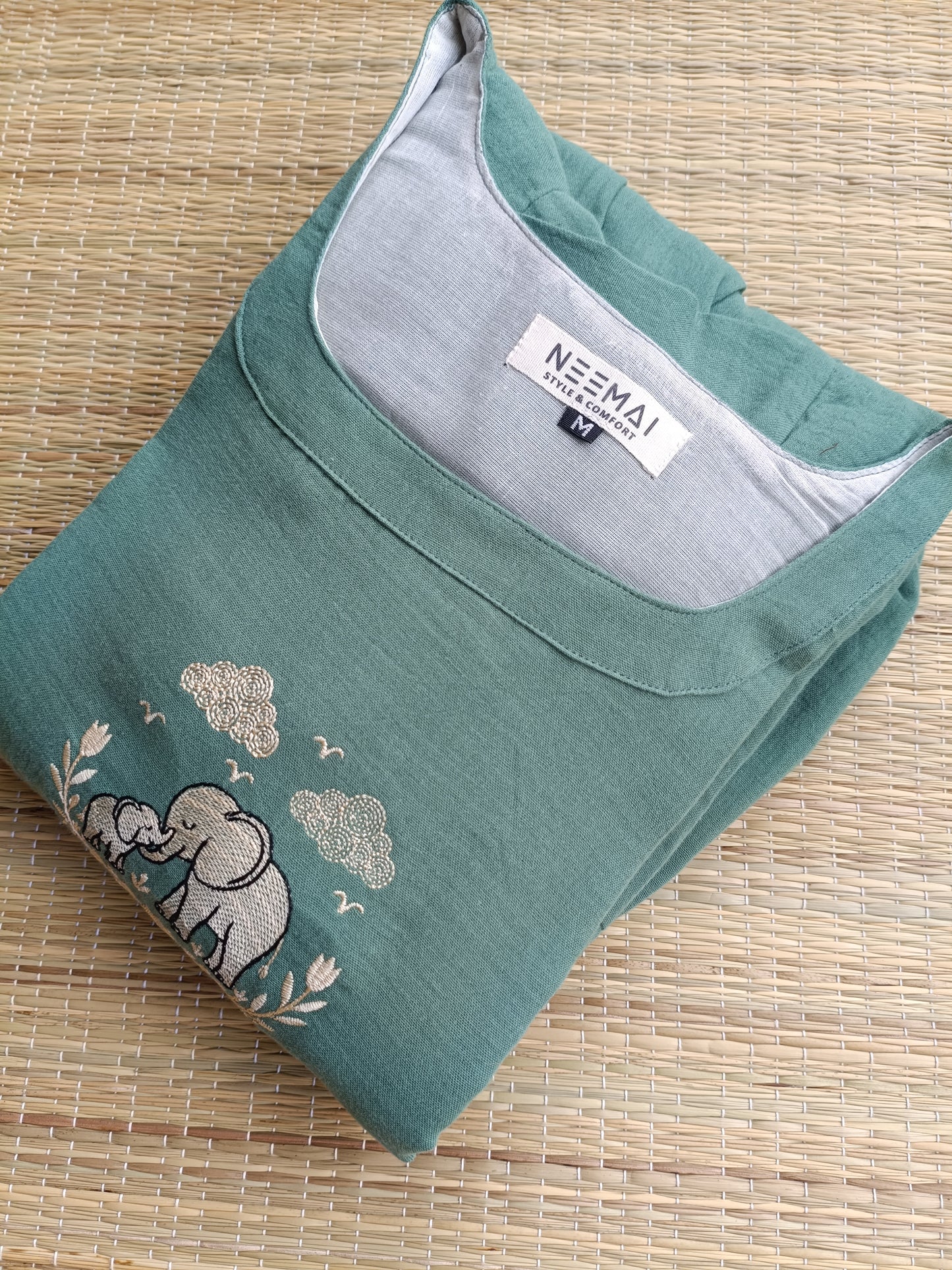 Muslin Cotton Maternity Feeding Dress – Green| Double Side Nursing Zip( elephant embroidery Design)