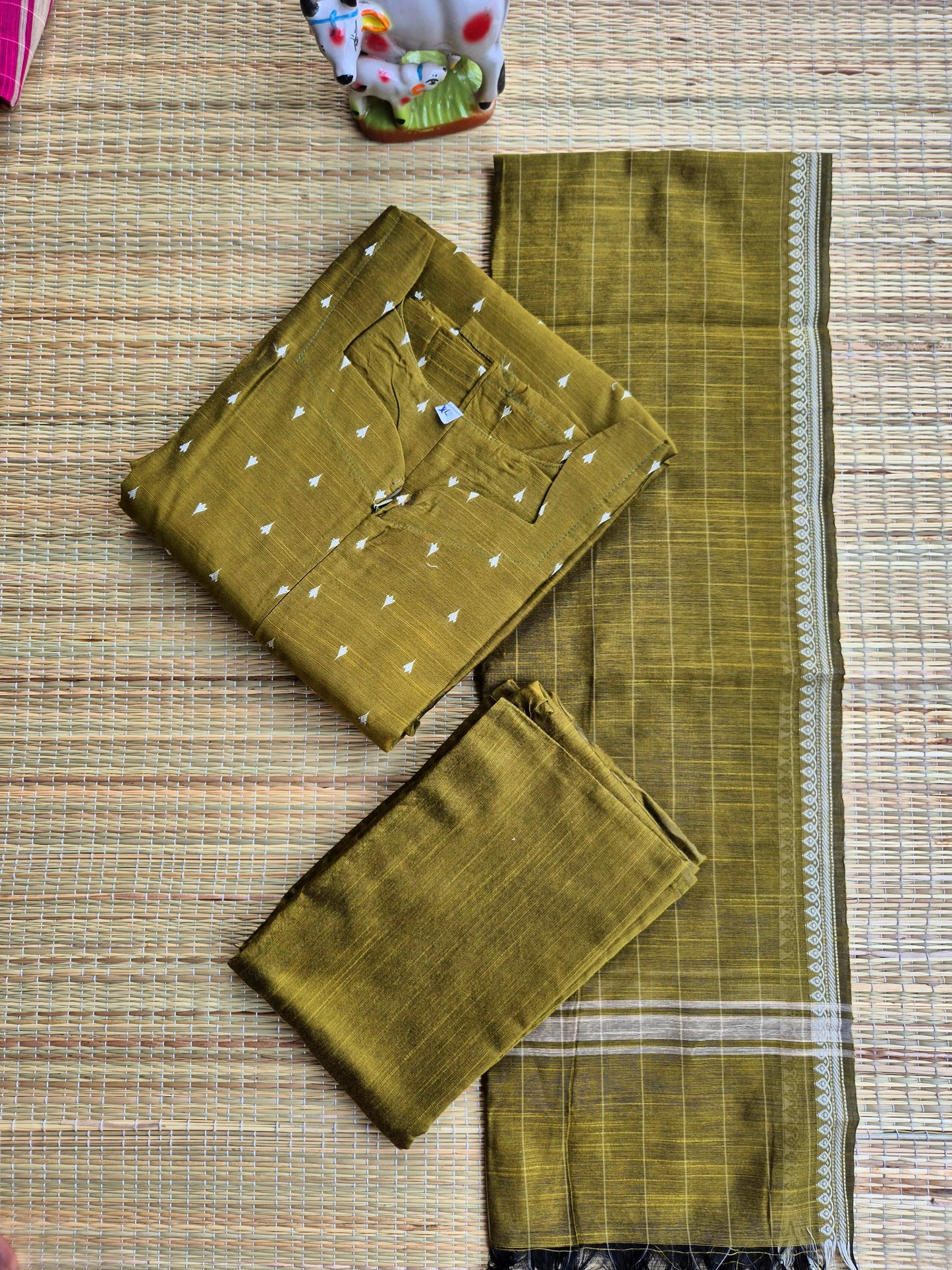 Raw Silk Maternity 3 Pc Chudidhar Set – Olive (Center Zip, No Side Top)