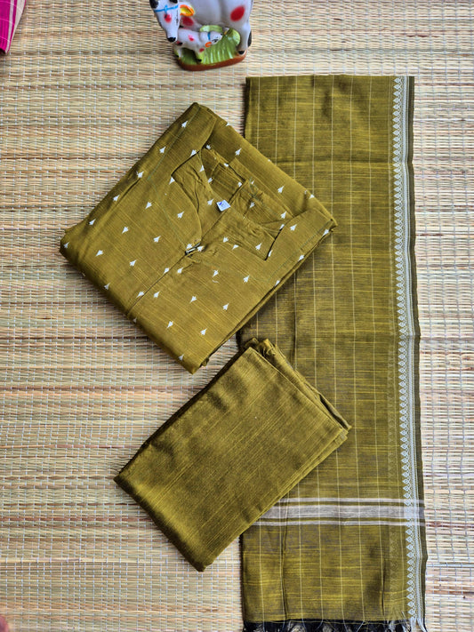 Raw Silk Maternity 3 Pc Chudidhar Set – Olive (Center Zip, No Side Top)
