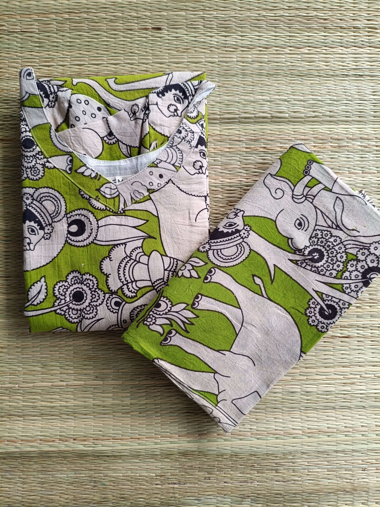 Block printed kalamkari cotton Maternity 2 pc chudidhar set [ Top with double side zip, and dupatta - Yazhi Green