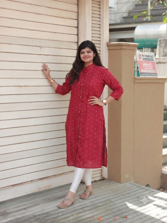 Raw silk Kurti/ Front 4 button operable( optional feeding) -used to Normal wear kurti - Red