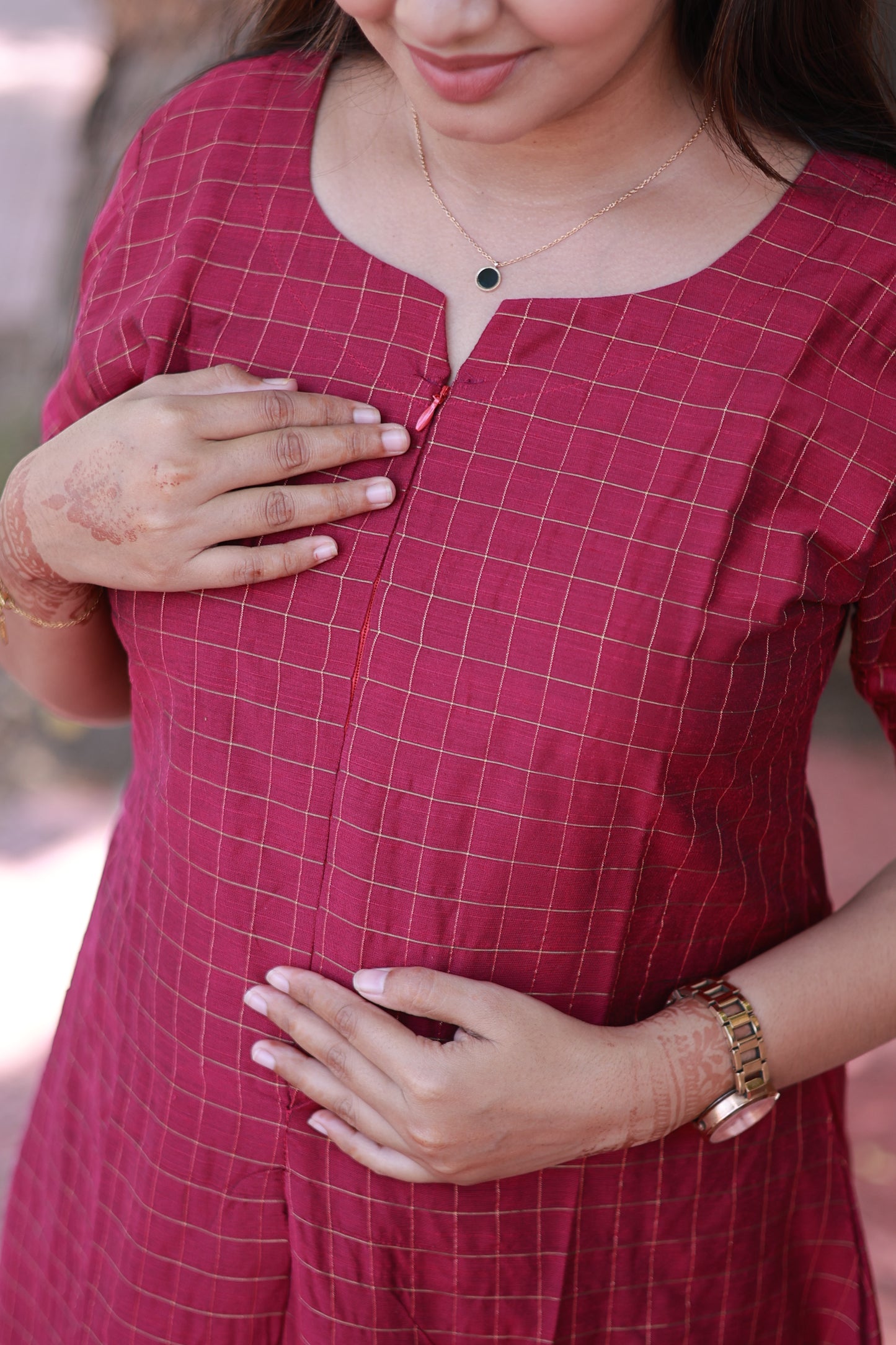 Raw silk Maternity 3 pc chudidhar set [ A line Top with center side zip,  Pant and dupatta - Pink checks (No Side open top)