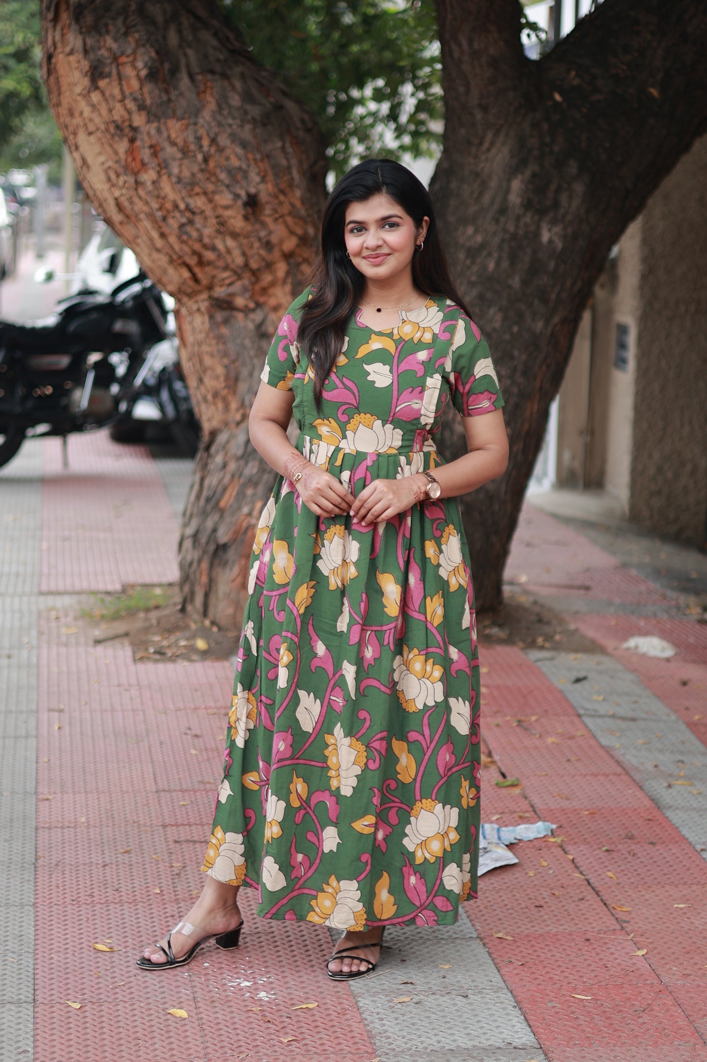 Kalamkari cotton- Feeding/ Maternity Maxi/Gown - Cotton lining  / Double side zip-Green flower