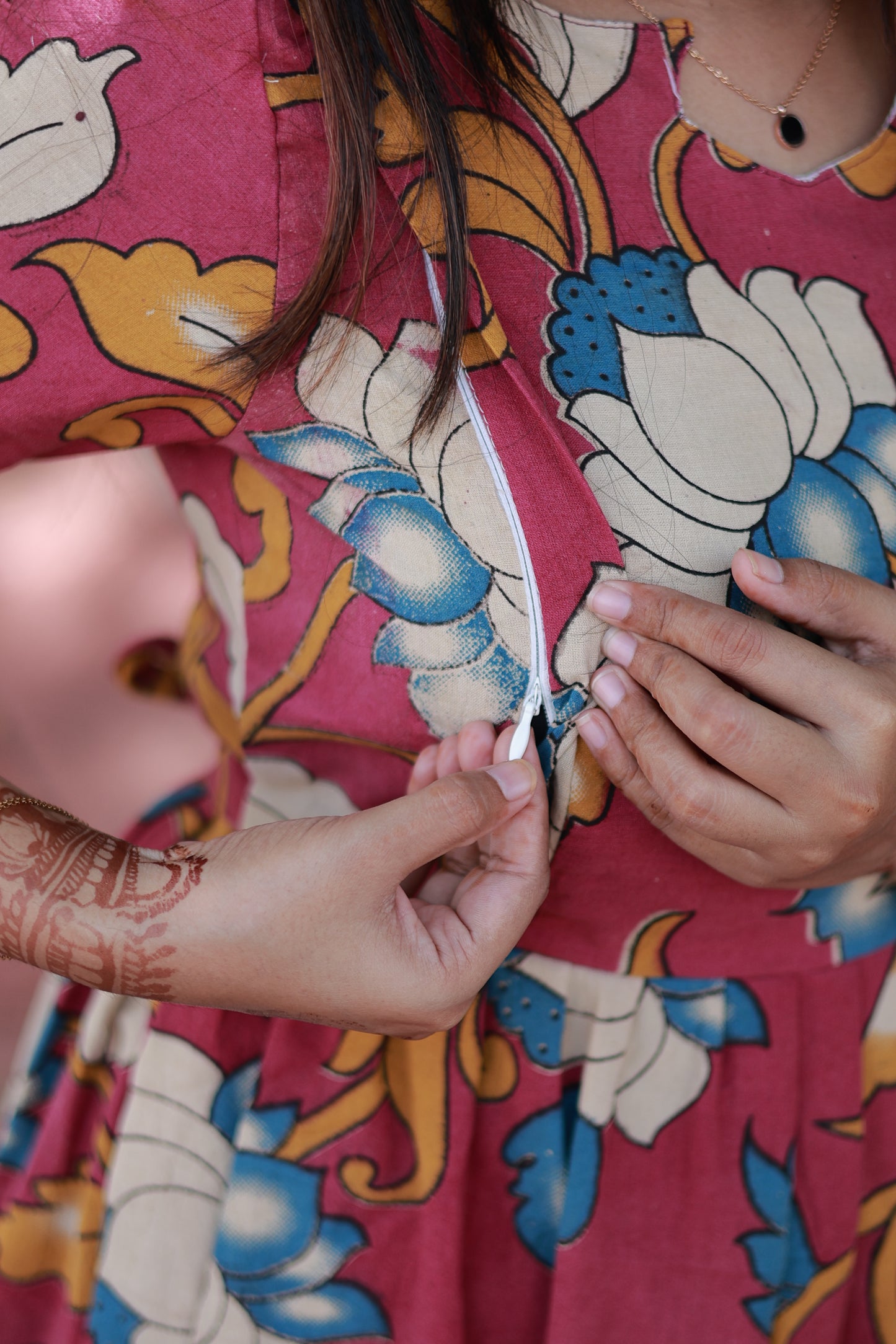 Kalamkari cotton- Feeding/ Maternity Maxi/Gown - Cotton lining  / Double side zip- Sandal lotus