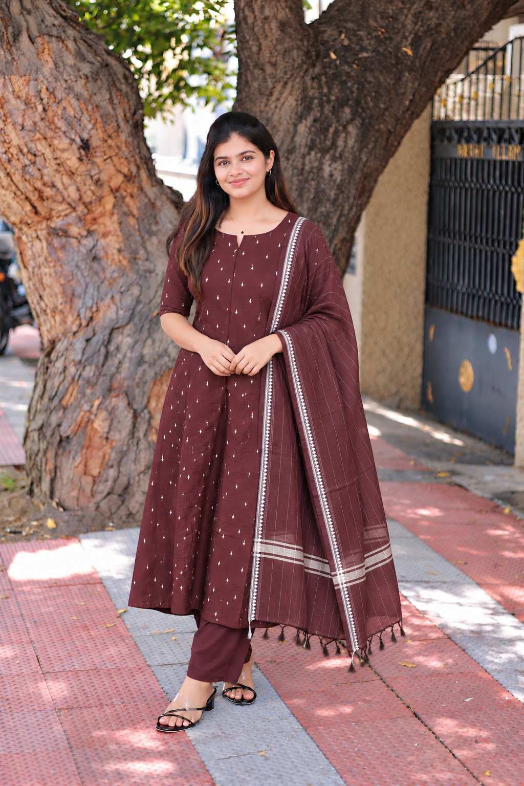 Raw Silk Maternity 3 Pc Chudidhar Set – Brown (Center Zip, No Side Top)