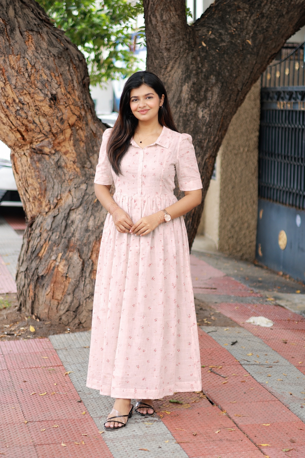 Muslin Collar Maxi Dress for Women – Light Pink mini flower| Center Zip, Maternity & Feeding