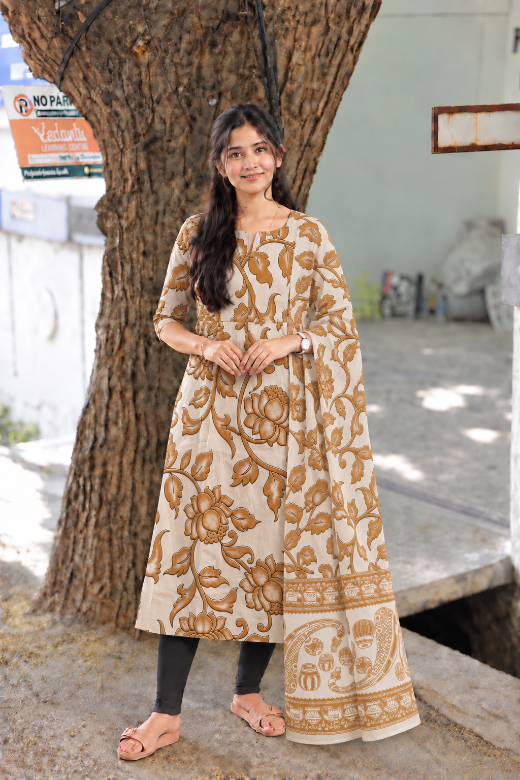 Block printed kalamkari cotton Maternity 2 pc chudidhar set [ Top with double side zip, and dupatta -Brown flower