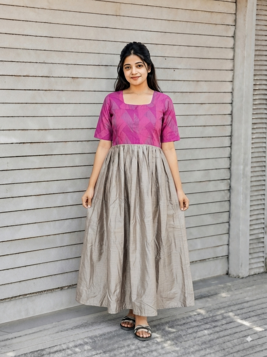 Raw silk Maternity Maxi/Gown in center zip - Festival Collection- Full cotton lining -pink with Silver