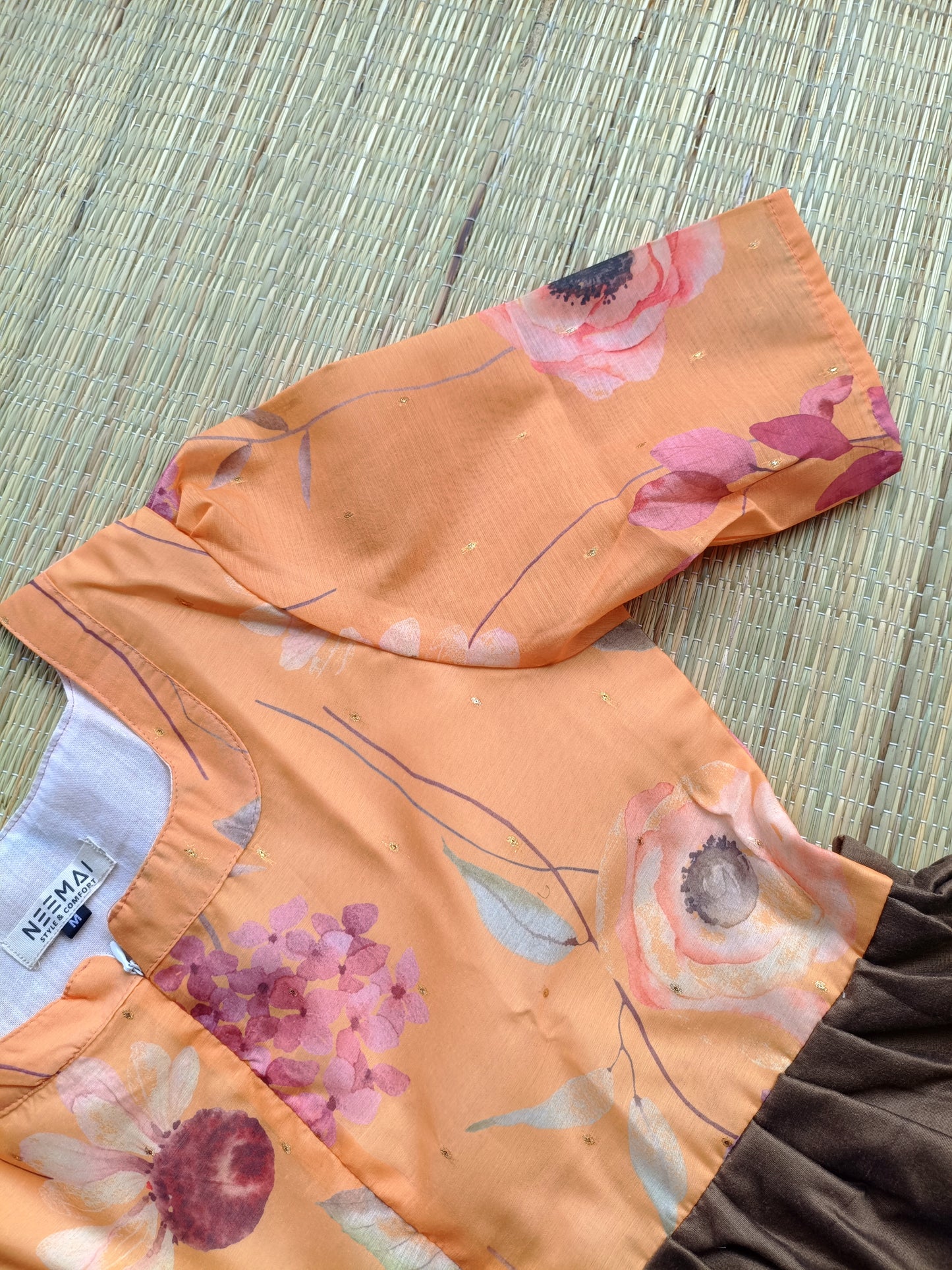 Raw silk Maternity Maxi/Gown in center zip - Festival Collection- Full cotton lining - Brown with orange flower