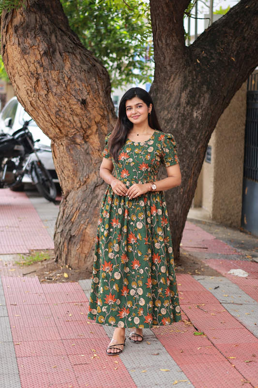 Kalamkari Cotton Maternity Feeding Gown/ Maxi / Double side zip– small green lotus