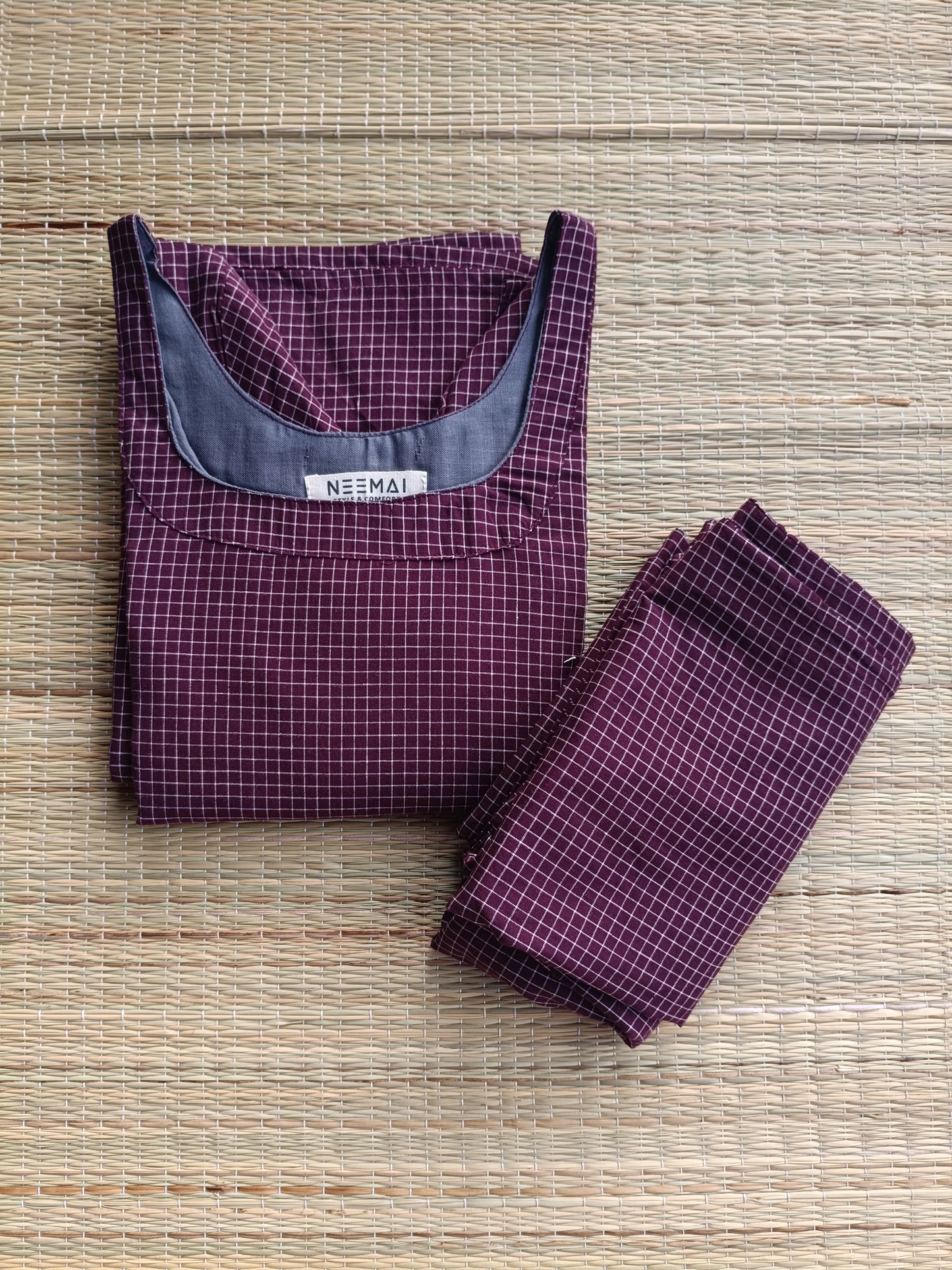 Prewashed pure Cotton checks / Maternity 2 pc Coordset [ Top with double side zip, and Pant]  -Small checks purple