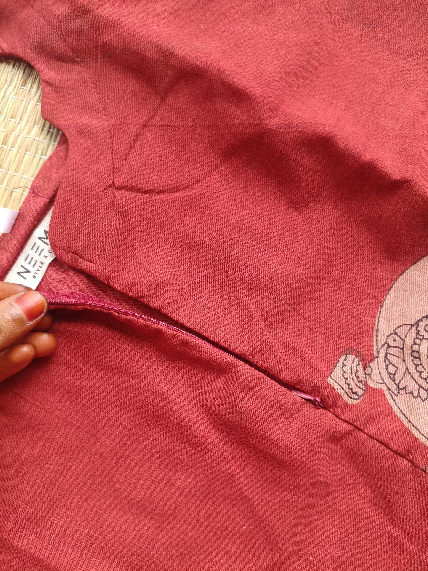 Block printed kalamkari cotton  3 pc chudidhar set [ Top with center zip, pant and dupatta] - Red  Kalamkari