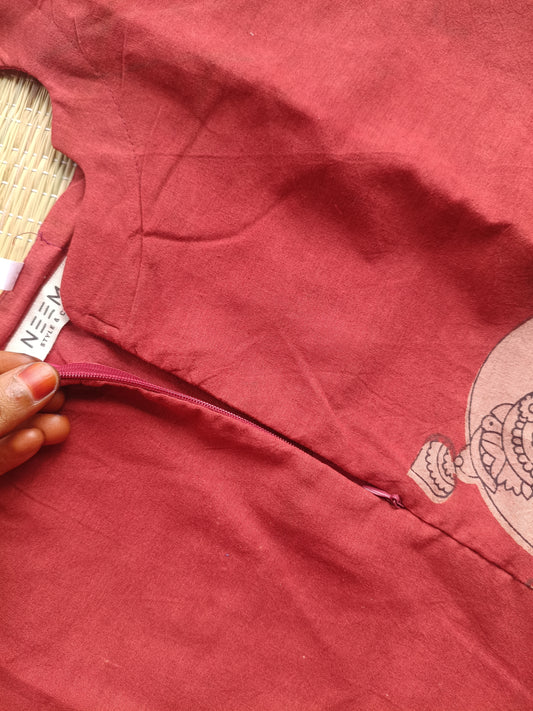 Block printed kalamkari cotton  3 pc chudidhar set [ Top with center zip, pant and dupatta] - Red  Kalamkari