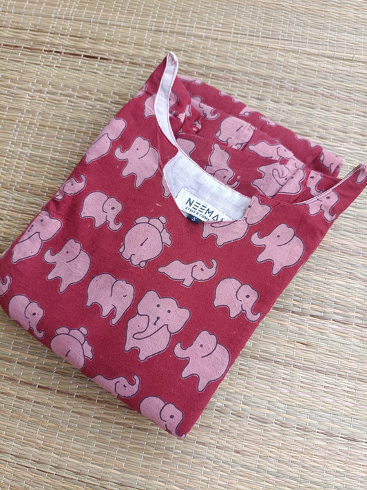 Kalamkari Cotton Maternity Feeding Gown/Maxi / Double side zip– red elephant