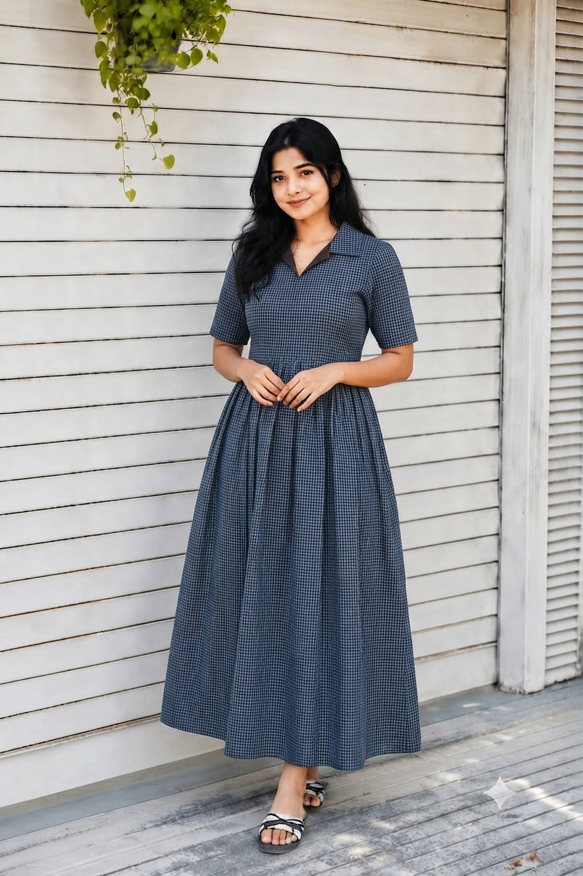 Prewashed handloom Cotton - Feeding/ Maternity Maxi/Gown - Cotton lining /Center zip -Collar Small Blue checks