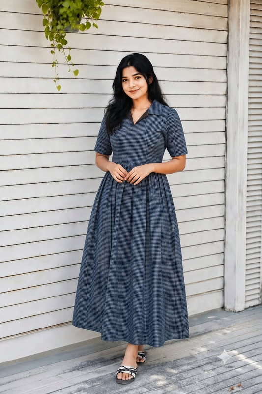 Prewashed handloom Cotton - Feeding/ Maternity Maxi/Gown - Cotton lining /Center zip -Collar Small Blue checks
