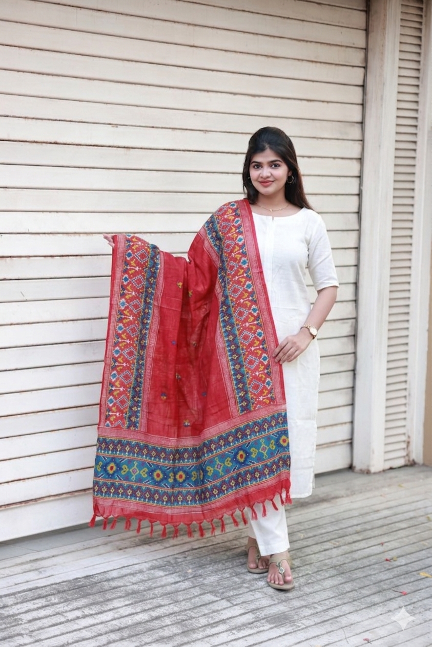 2 Pc set / Center zip- Tissue silk kurti with Dupatta-  Normal /Feeding kurti - White with Red