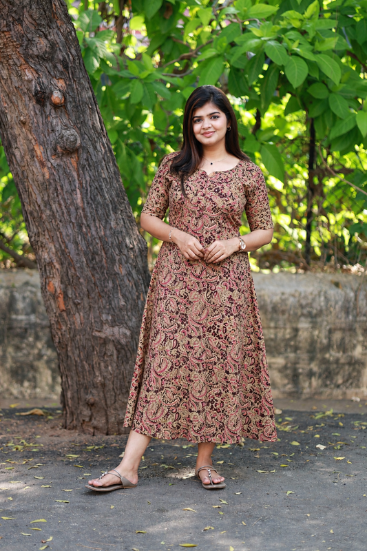 Kalamkari Cotton  A line Maternity Feeding Kurti /Center Zip(Dress length 45 inches)- Violet leaf