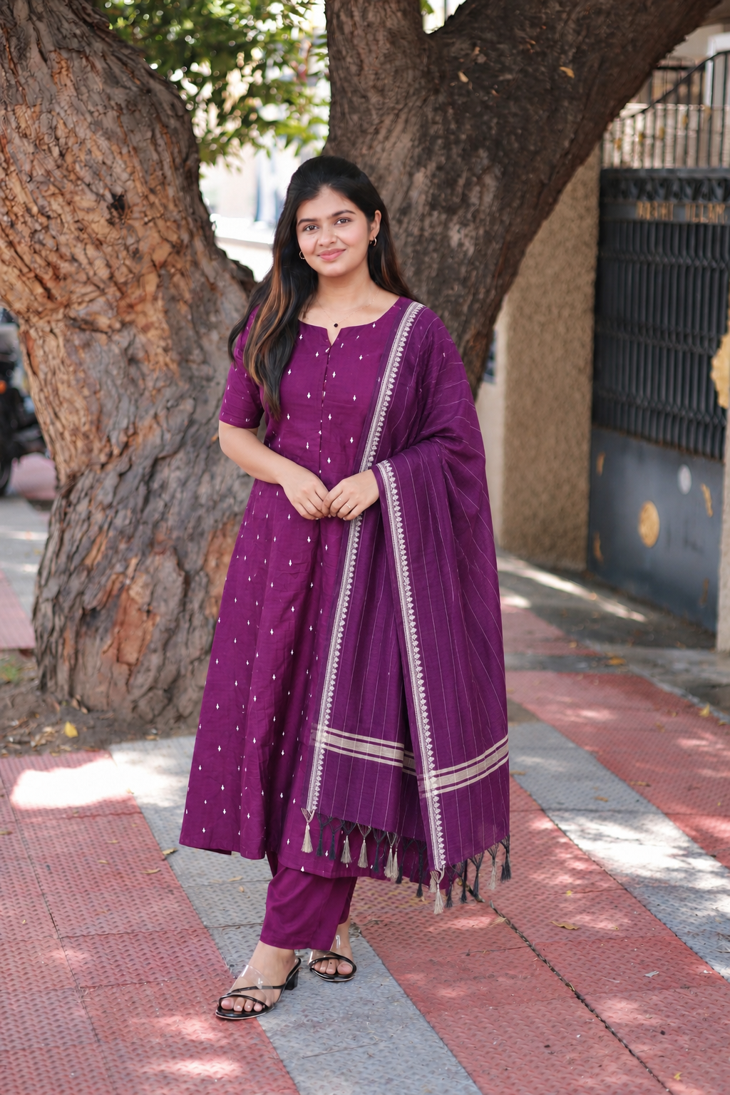 Raw Silk Maternity 3 Pc Chudidhar Set –  Violet (Center Zip, No Side Top)