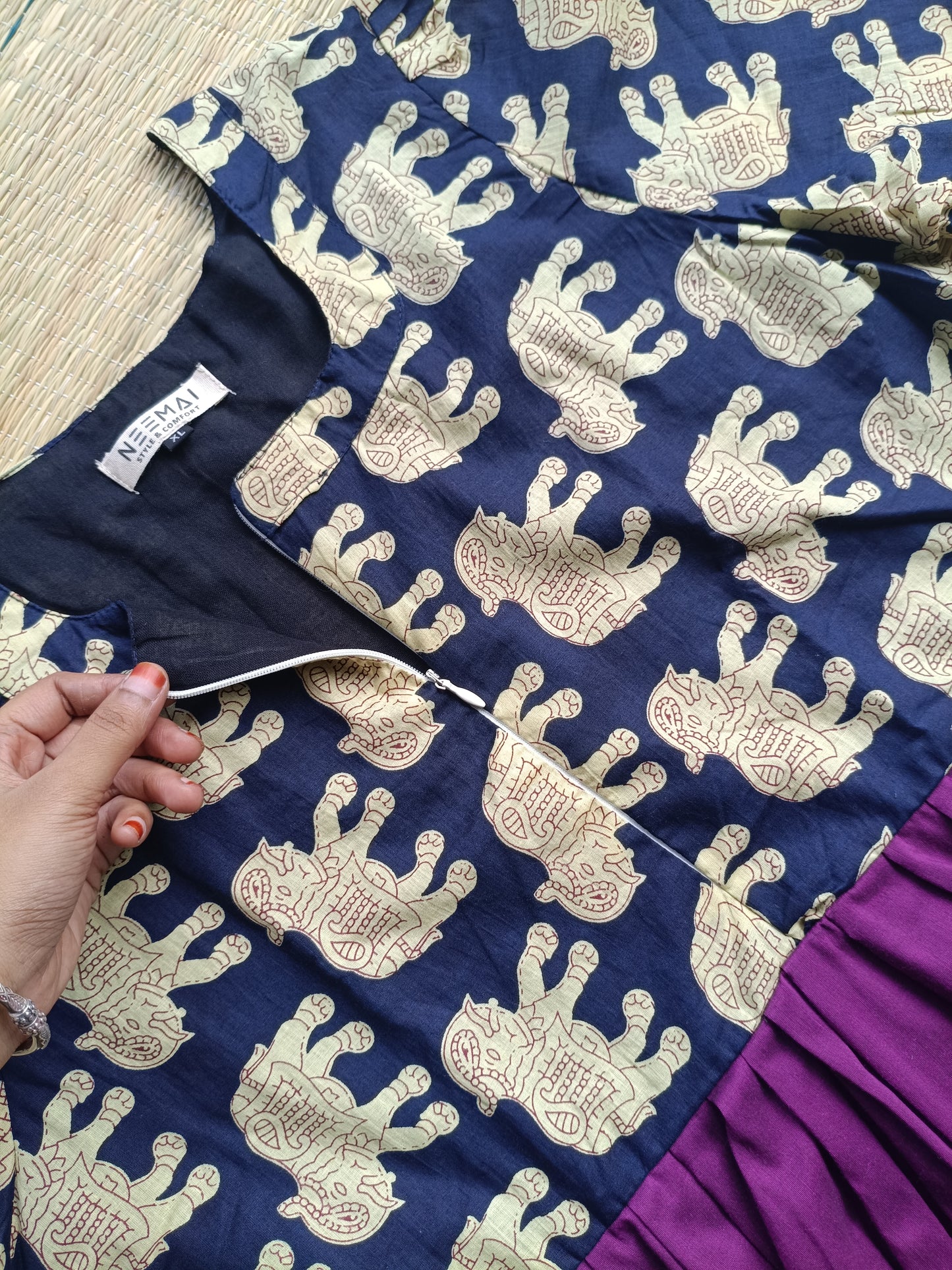 Cotton / Raw silk Maternity Maxi/Gown in center zip - Festival Collection- Full cotton lining - Violet with navy pichwai