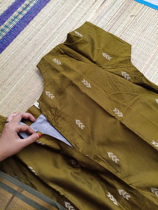 Raw silk Maternity 2 pc chudidhar set [ Top with center side zip, and dupatta - Olive green