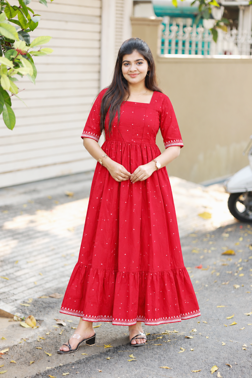 Prewashed Handloom Cotton Maternity Feeding Gown/Maxi /Double Side Zip- Red with white butta