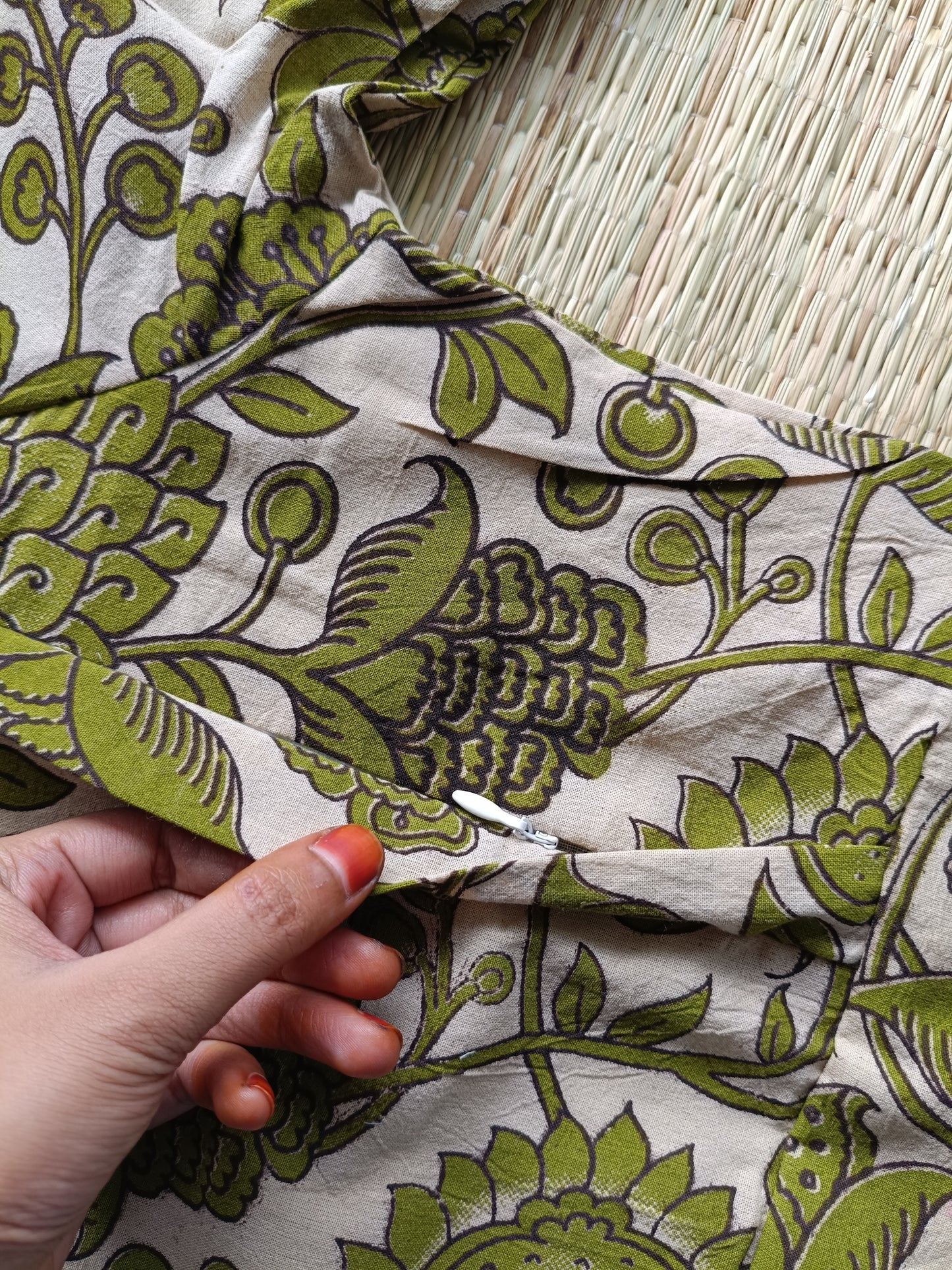 Block printed kalamkari cotton Maternity 2 pc chudidhar set [ Top with double side zip, and dupatta - Light Green Flower