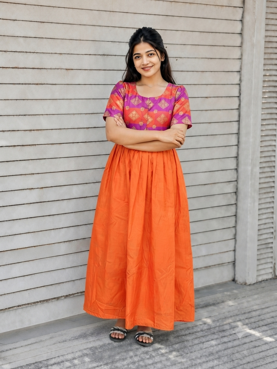 Raw silk Maternity Maxi/Gown in center zip - Festival Collection- Full cotton lining - Fanta orange