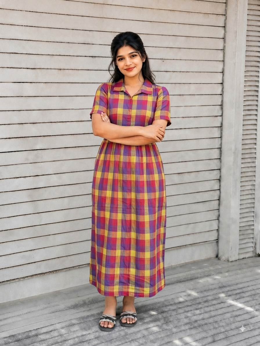 Madras checks Cotton - Feeding/ Maternity Maxi/Gown - Cotton lining /Center zip -Small check s Multi color
