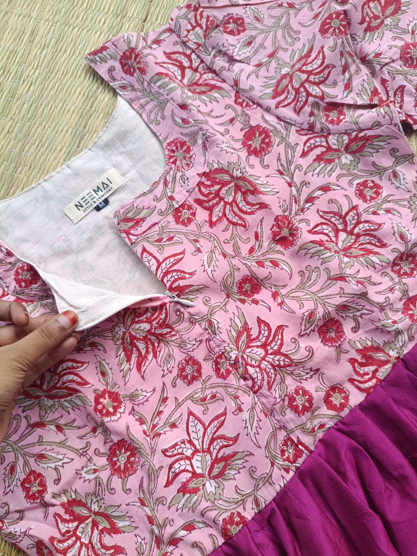 Cotton / Raw silk Maternity Maxi/Gown in center zip - Festival Collection- Full cotton lining - Light Pink with dark pink