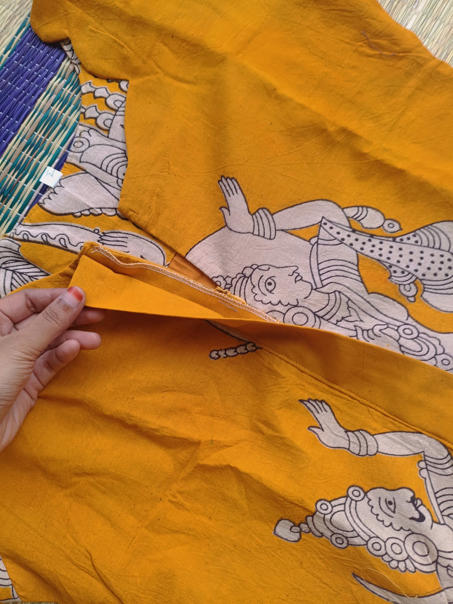 Block printed kalamkari cotton Maternity 3 pc chudidhar set [ Top with center zip, Pant and dupatta - Yellow ( A line kurti -No side open)