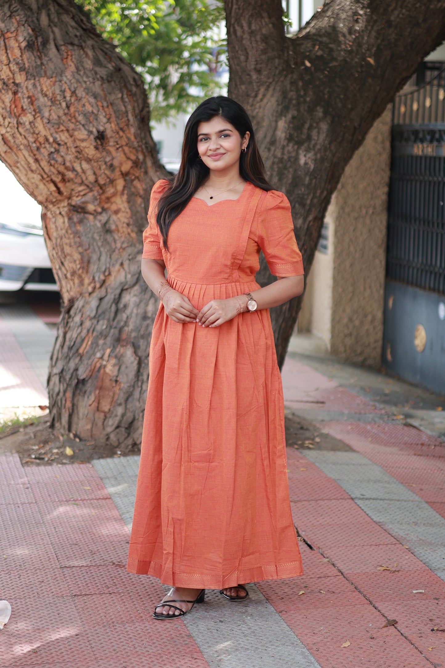 Chettinad Cotton -2 pc set -Maternity Maxi/Gown - Festival Collection -Full cotton lining- Double side zip with dupatta- Orange With multi color