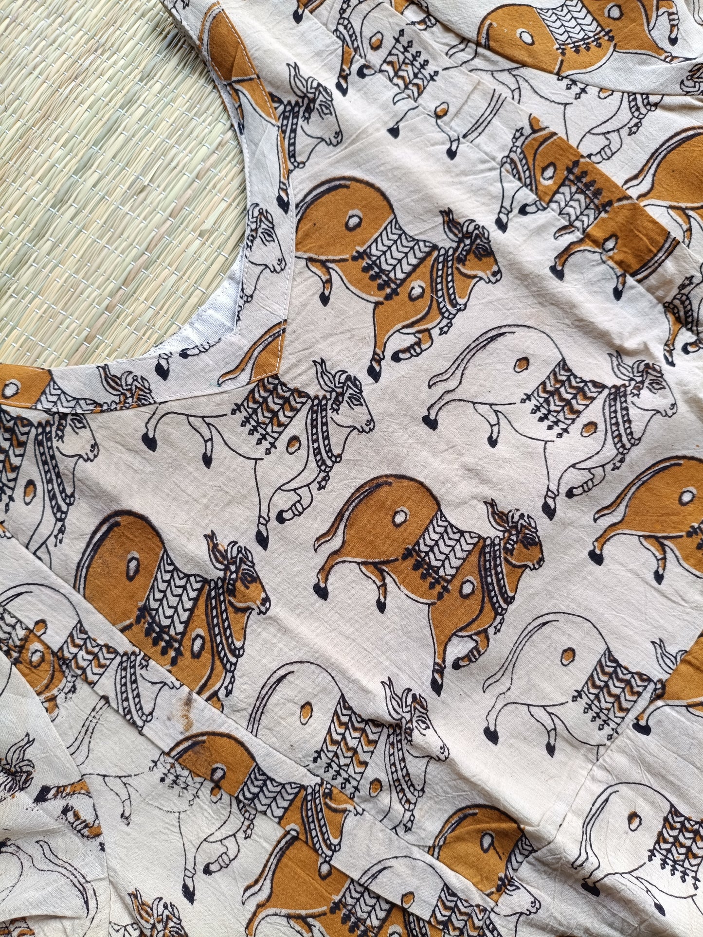 Block printed kalamkari cotton Maternity 2 pc chudidhar set [ Top with double side zip, and dupatta - Brown and sandal pichwai