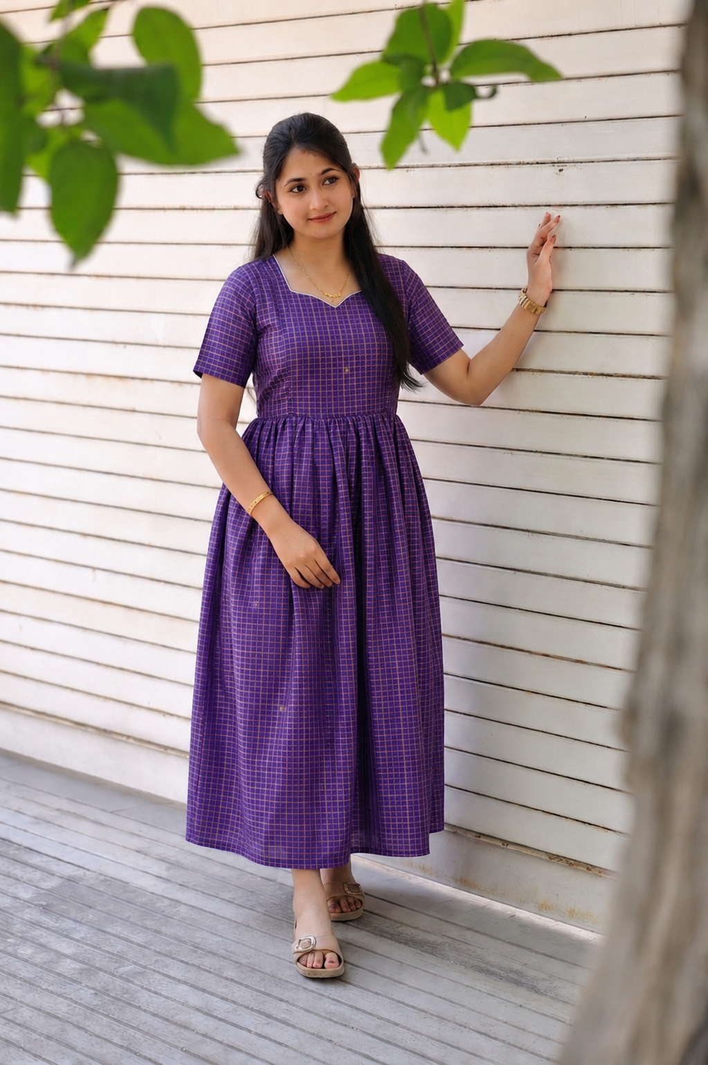 Raw silk Maternity Maxi/Gown - Festival Collection - Chettinad purple checks