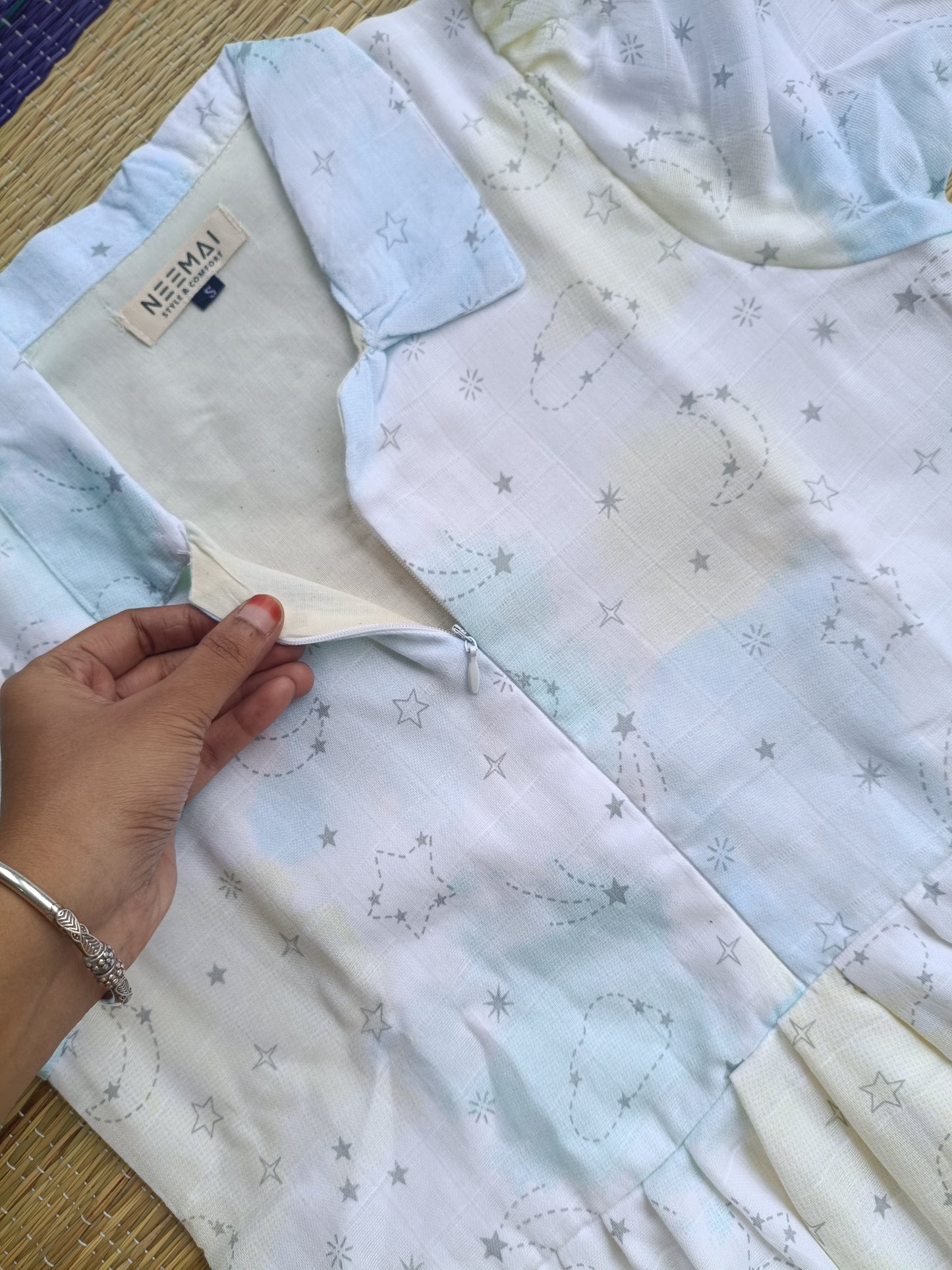 Premium Muslin - Feeding/ Maternity Maxi/Gown - Cotton lining with Center zip -Collar Star and moon white