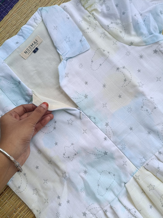 Premium Muslin - Feeding/ Maternity Maxi/Gown - Cotton lining with Center zip -Collar Star and moon white