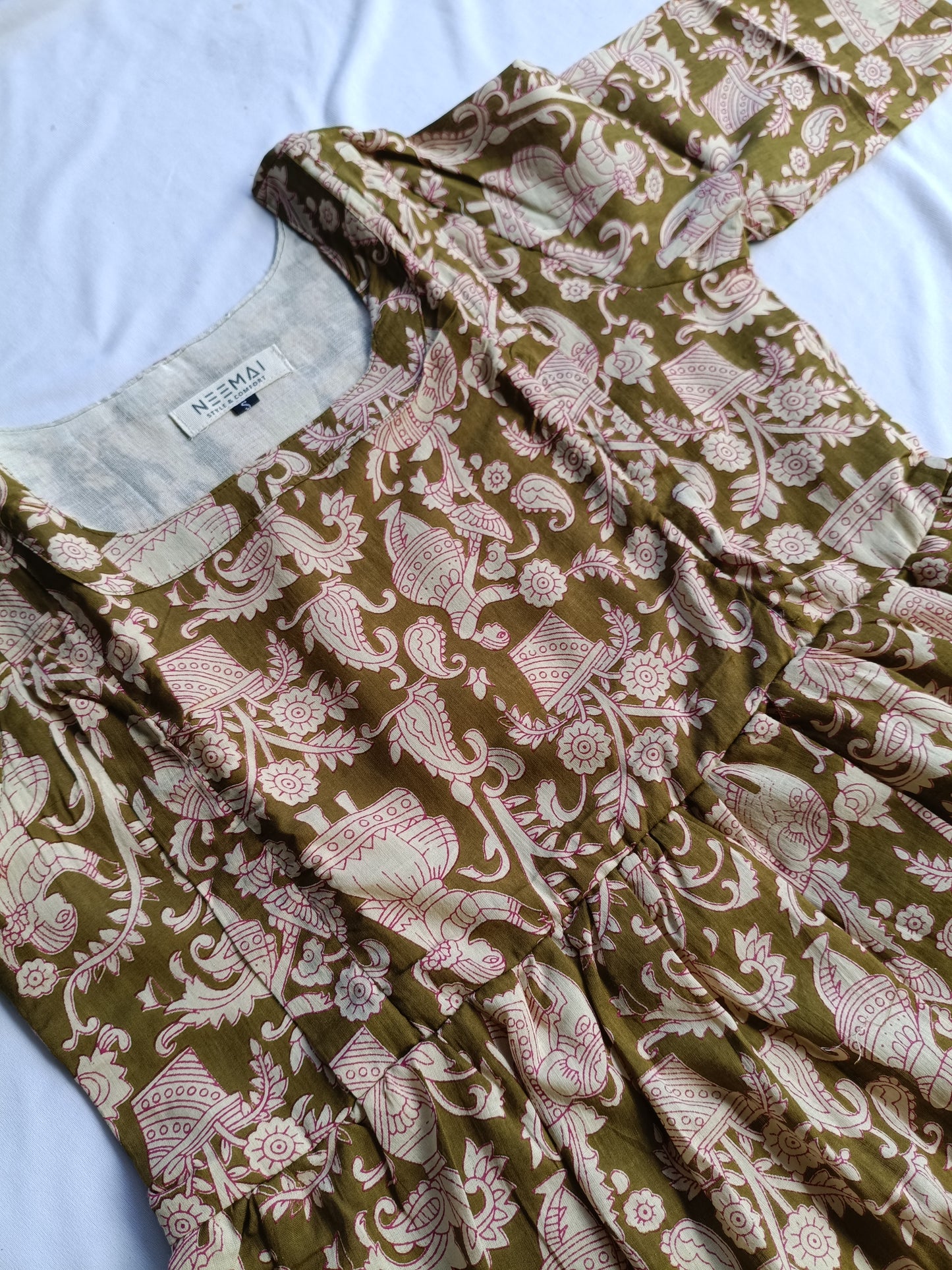 Cotton - Feeding/ Maternity Maxi/Gown - Cotton lining /Double side zip - Kalamkari Green statue