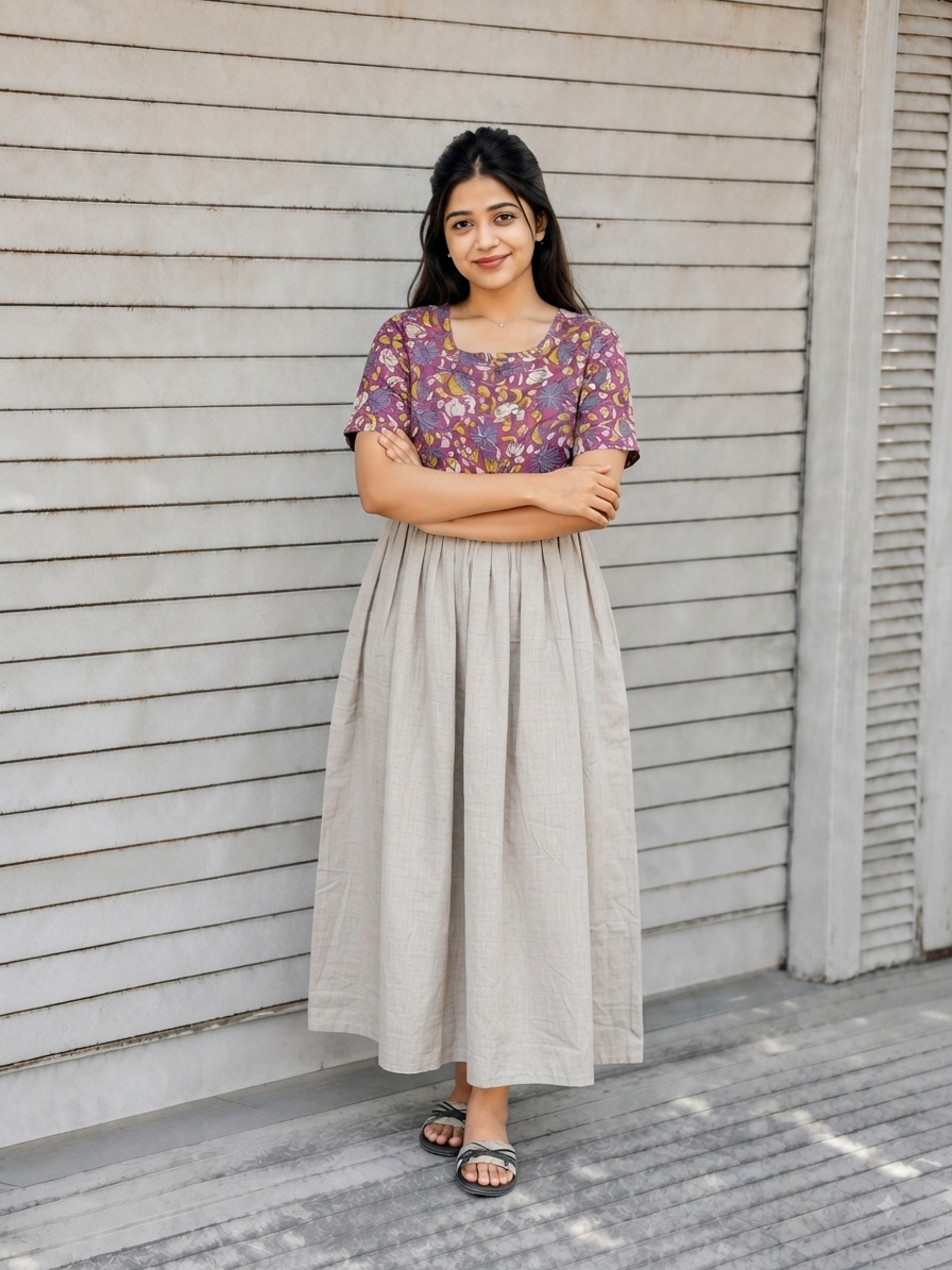 Cotton / Raw silk Maternity Maxi/Gown in center zip - Festival Collection- Full cotton lining - Silver  with violet flower